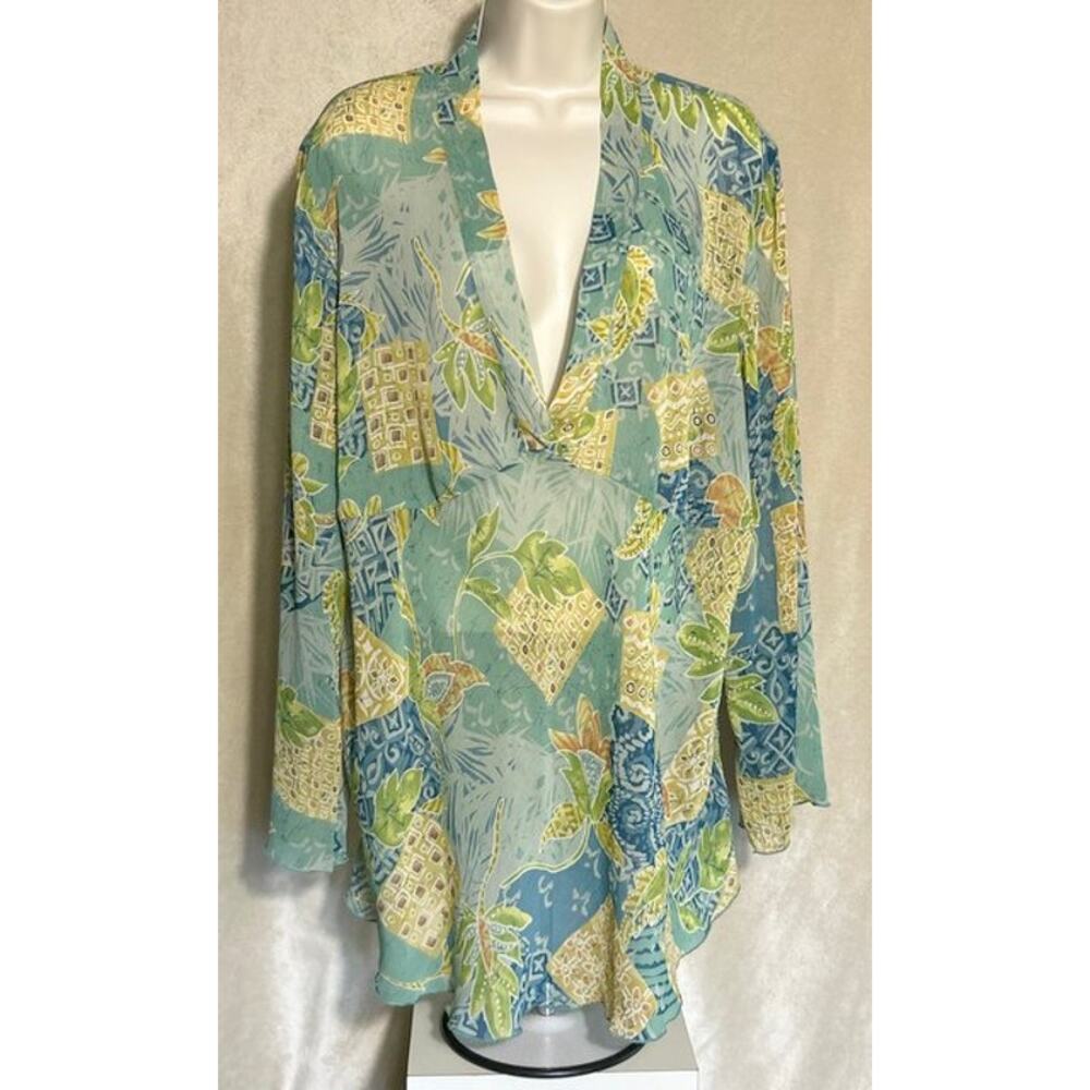 Susan Graver Style 1X Tunic Colorful Green/Blue Print Coastal Cruise Resort